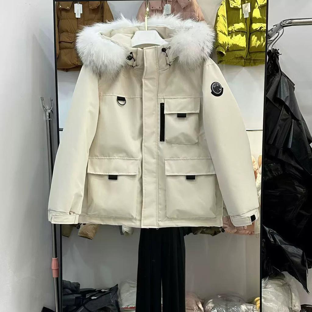 Outdoor Tooling Down Jacket Women's Short Big Fur Collar New Loose White Duck Down Pie Overcome Coat