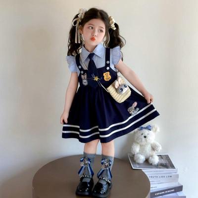 Vestito da Poliziotta con Coniglietto per Bambina - Moda Estate 2025, Maniche a Sbuffo, Gonna a Bretelle, Stile Accademia per Bambini.