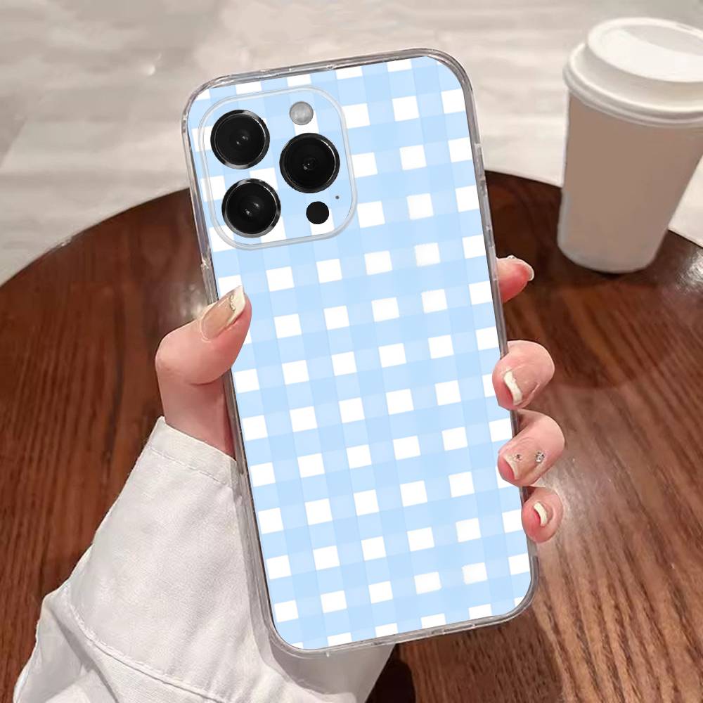 Ins Korean Blue Striped Grid Phone Case For iPhone 17,16,15,14,13,12,11 Plus,Pro,Max,XR,XS,Plus,E,SE4,Mini Transparent Cover