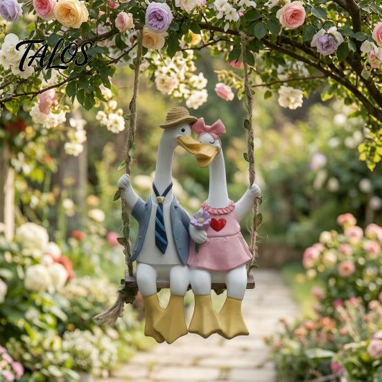 Cute Duck Couple Figurine Resin Swing Ducks Hanging Ornament, Hand Painted Cartoon Pair Statue for Balcony Figurines, Waterproof Indoor Outdoor Garden