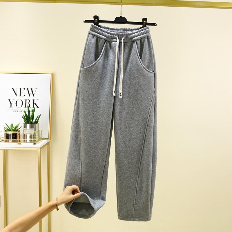 Warm Winter Straight Pants Women's Plush Fleecing Thermal Wide Leg Silhouette Trousers Corduroy Baggy Black Trousers