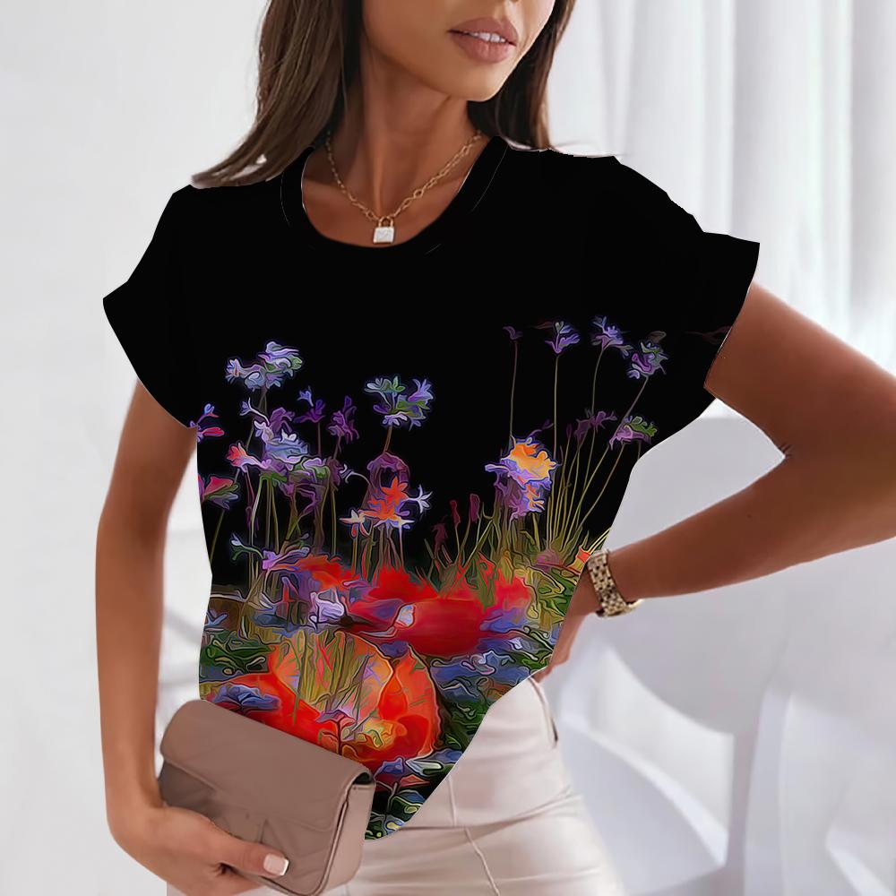 Women's 3D Floral Printed T-shirt, Round Neck Casual Short Sleeved Top, Comfortable Top, Girls' Beautiful Shirt, Women's Loose Summer Clothing
