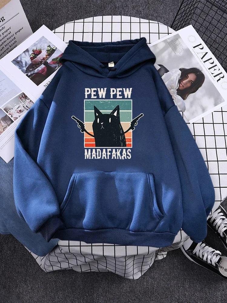 Outdoor Streetwear All match Casual Female Sportswear Pew Madafaks Cat Hold Guns Warm Fleece Hoodies For Women