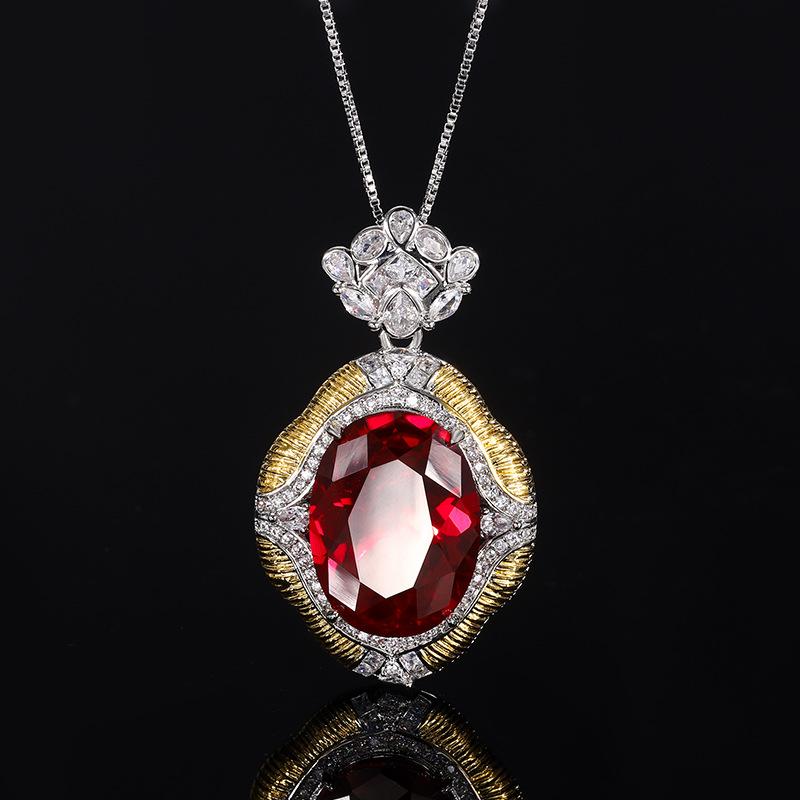 Jewelry Copper Bottom Gold-Plated Simulation Red Corundum Blue Spinel Temperament Retro Pendant 15 * 20