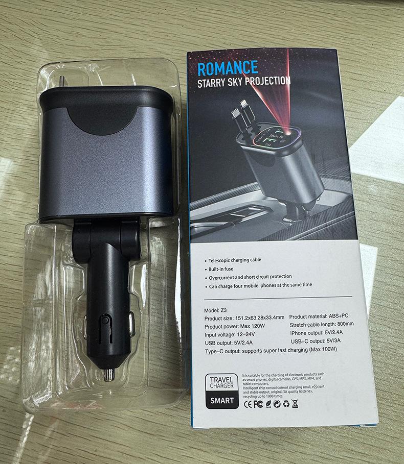 Z3 120W Retractable Car Charger Fast Charge USB+PD30W Power Adapter 4-in-1 Phone Charger w/ Roof Starlight For IOS Android Phone