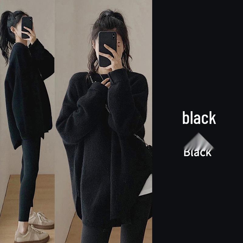 

Женский пуловер средней длины из енотового бархата - Японский ленивый стиль, Свободный, Толстый трикотаж для осени и зимы One Size чёрный