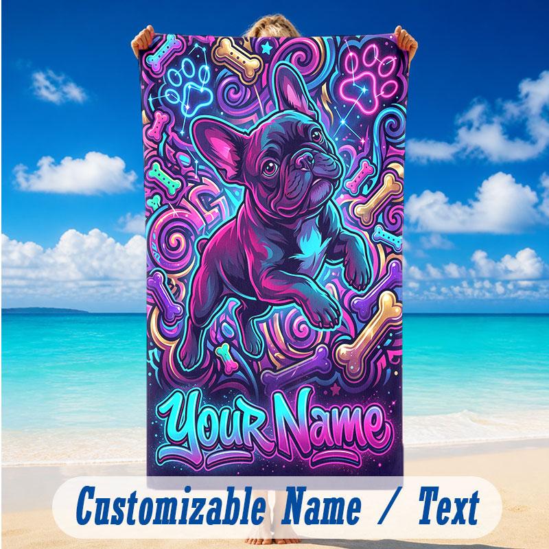 Dog Theme Beach Towel Personalized Custom Name & Text Soft Quick Dry Beach Towel for Swimming Travel