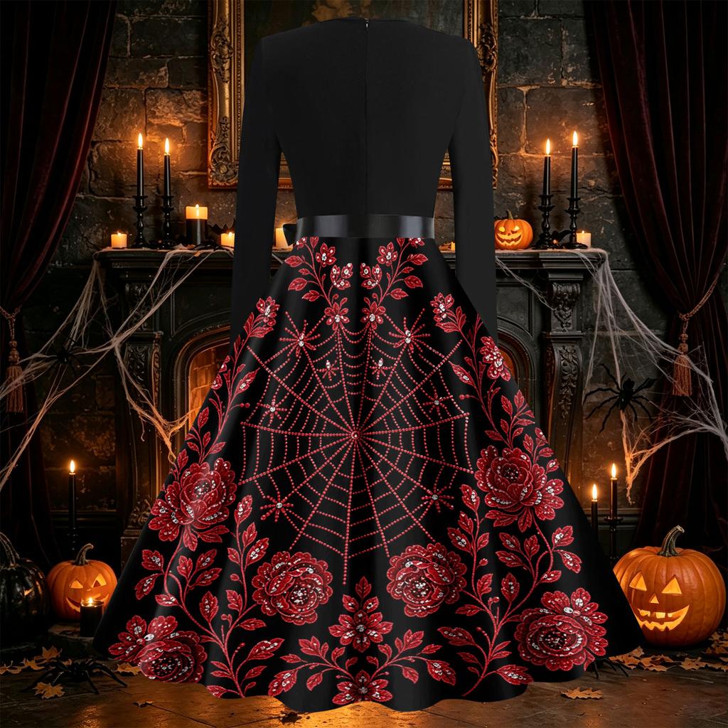 Women's Vintage Halloween Print Dress Long Sleeve V-Neck Flared Midi Dress for Party