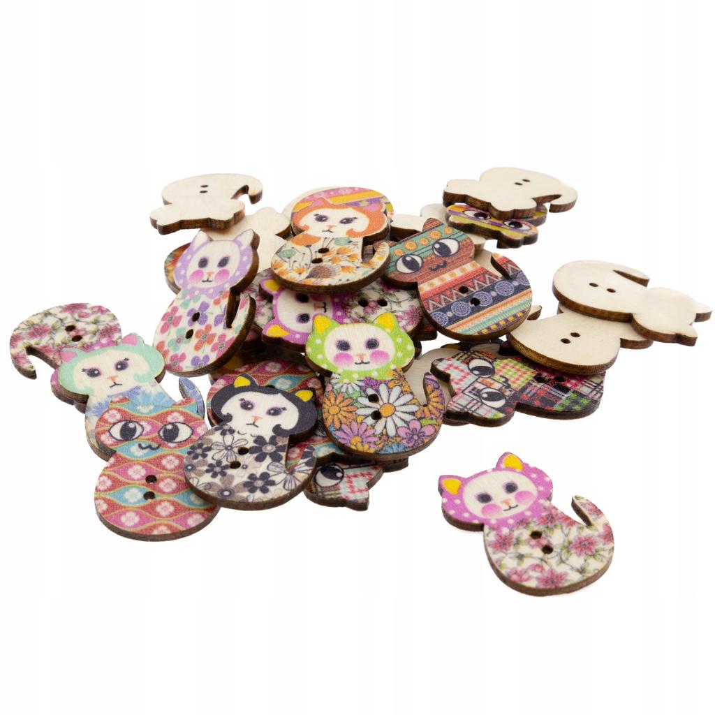 Wooden Button, Decorative Cats, Colorful Mix