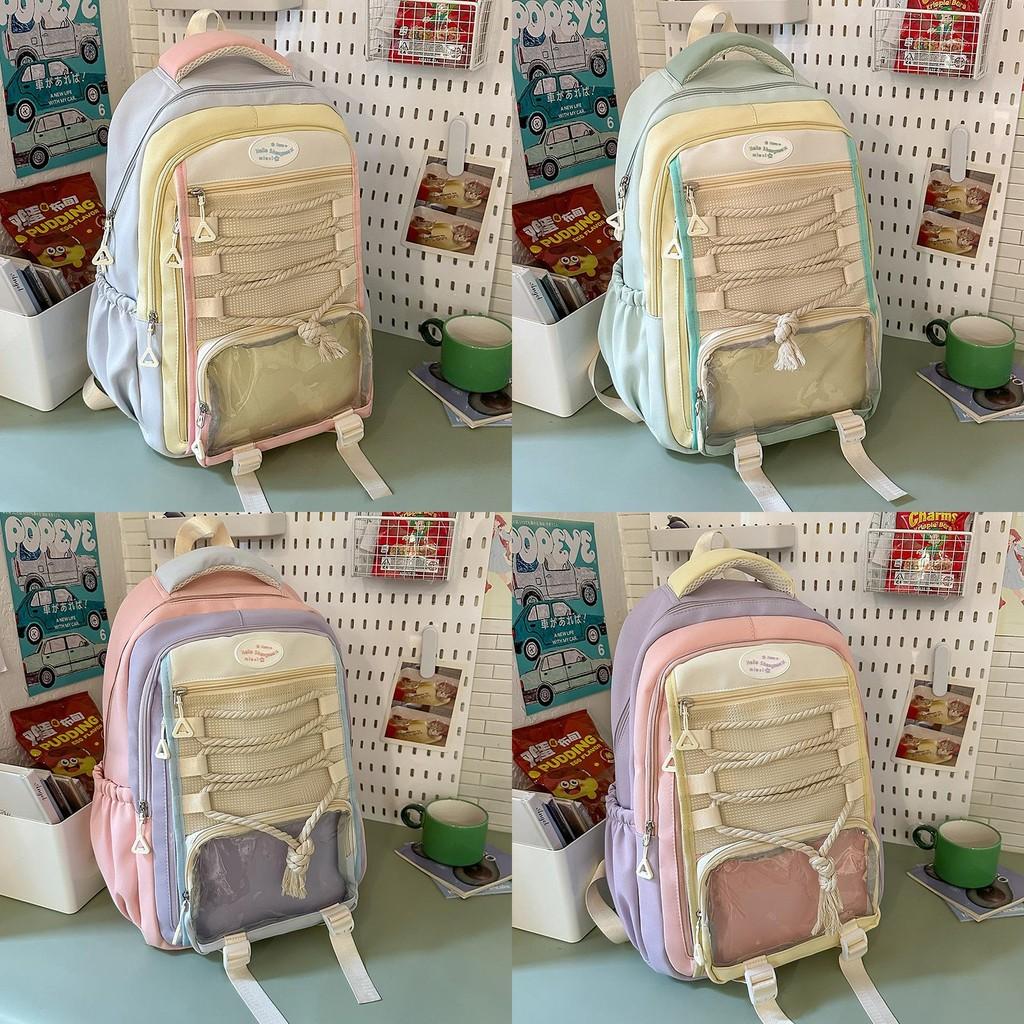 Nylon Backpack For Teens With Colorful Splicing And Letter Pattern For Daily Use