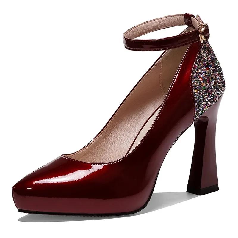 Fashion High Heeled Single Shoes Autumn New Pointed Toe Patent Leather One-Line Sequin Non-Slip Wear-Resistant Stiletto