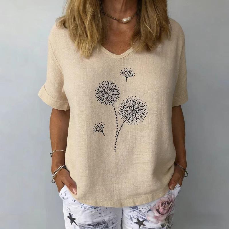 

Hot Sale Short Sleeve Cotton and Linen Loose Casual Pugong Ying Printed Top XXXL абрикосовий