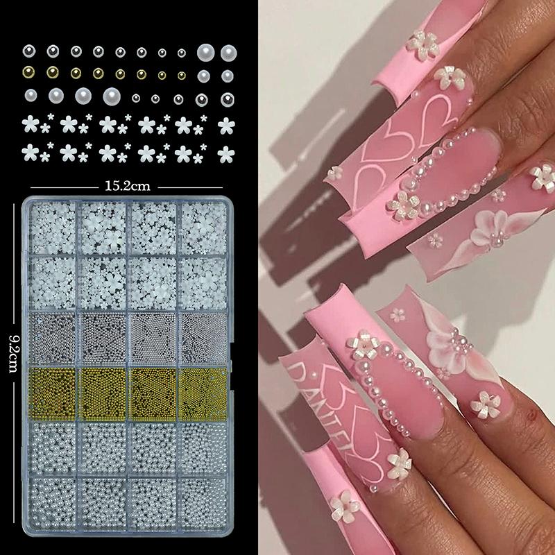 24 Grids, Mixed Nail Decoration Accessories, Rhinestones, Pearls, Beads, Bowknot, Nail Art Jewelry, DIY Tools