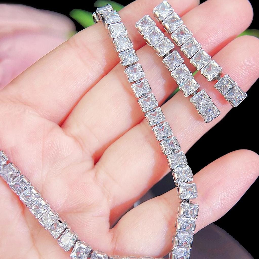 CMM 2Pcs Simple Wedding Jewelry Set Square AAA Cubic Zirconia V Shape Choker Necklace Earrings for Women