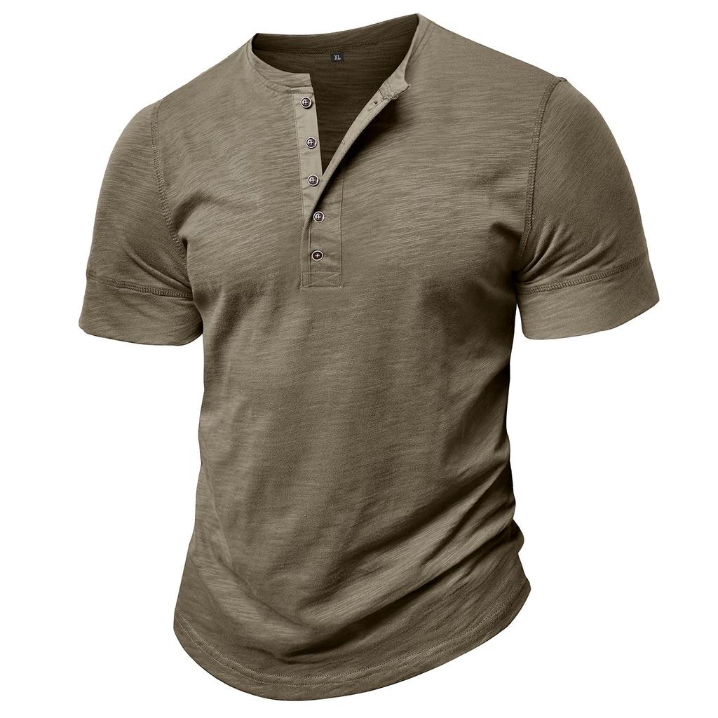 Men’s T-shirts Henley Collar Short Sleeves Cotton Polo Shirts Solid Color Casual Tops