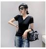 European Spring/Summer 2023 V-neck Mesh T-shirt with Rhinestone Cutout: Women's Fashionable Slimming Base Shirt
