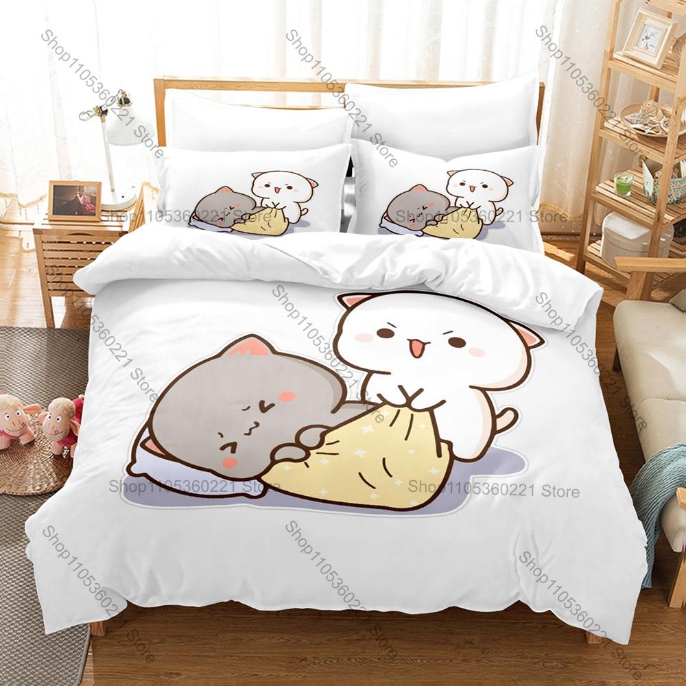 Personality Adorable Peach And Goma Cat Bedding Set New Sweet Couple Printed Duvet Cover Soft Bed Set For Girls Kids Room