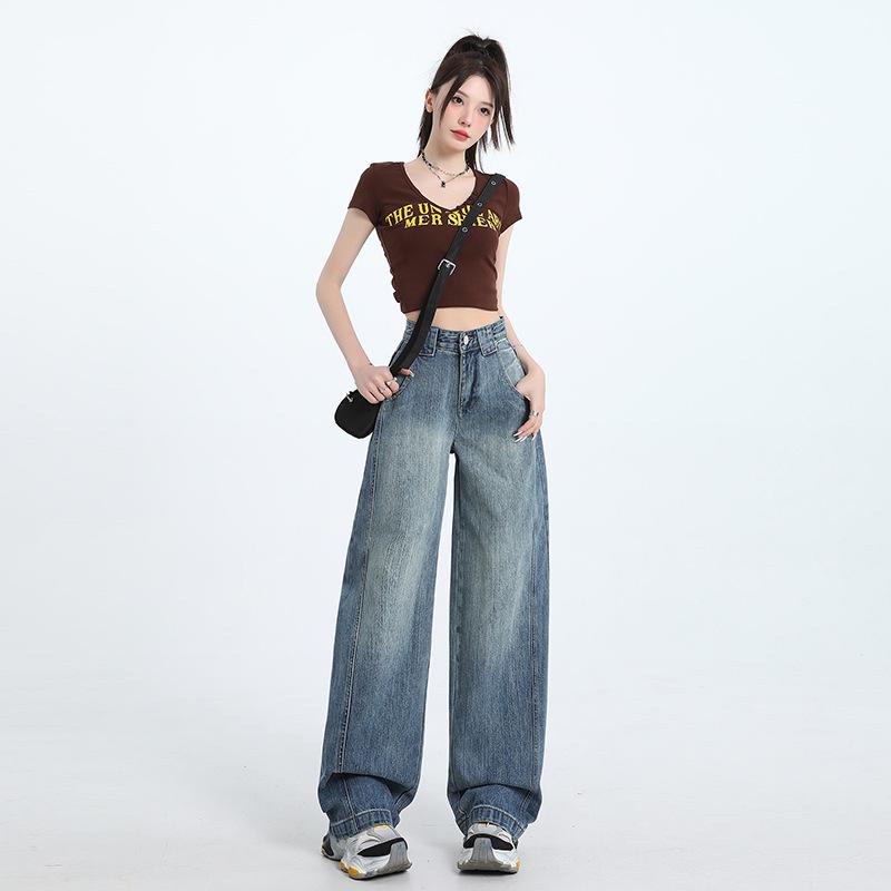 Women's Autumn Retro High-Waisted Washed Wide-Leg Jeans