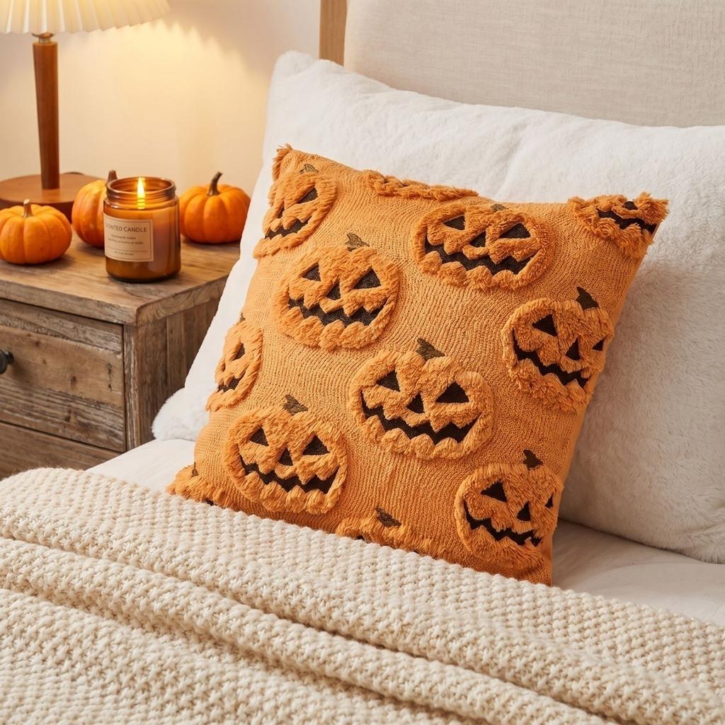 Halloween Pumpkin Pillow Cover Soft Plush Decorative Cushion Case for Sofa Chair Home Seasonal Decoration 18x18 Inches Durable Material