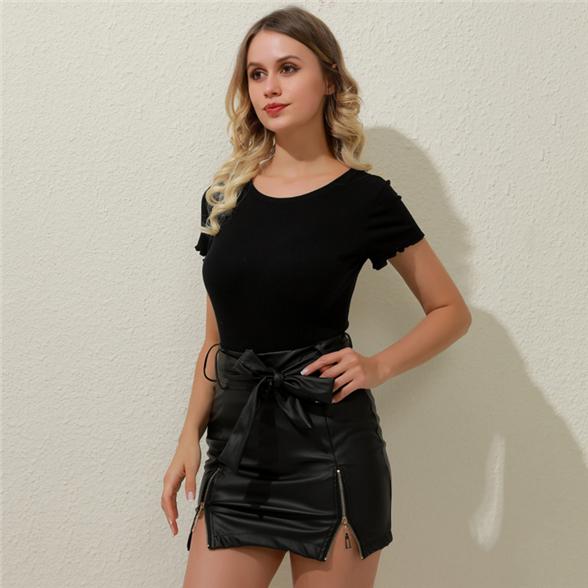 Women's Fashion High Waist Bandage Bowknot Zipper Skirt Casual Sexy Slim Leather Skirt