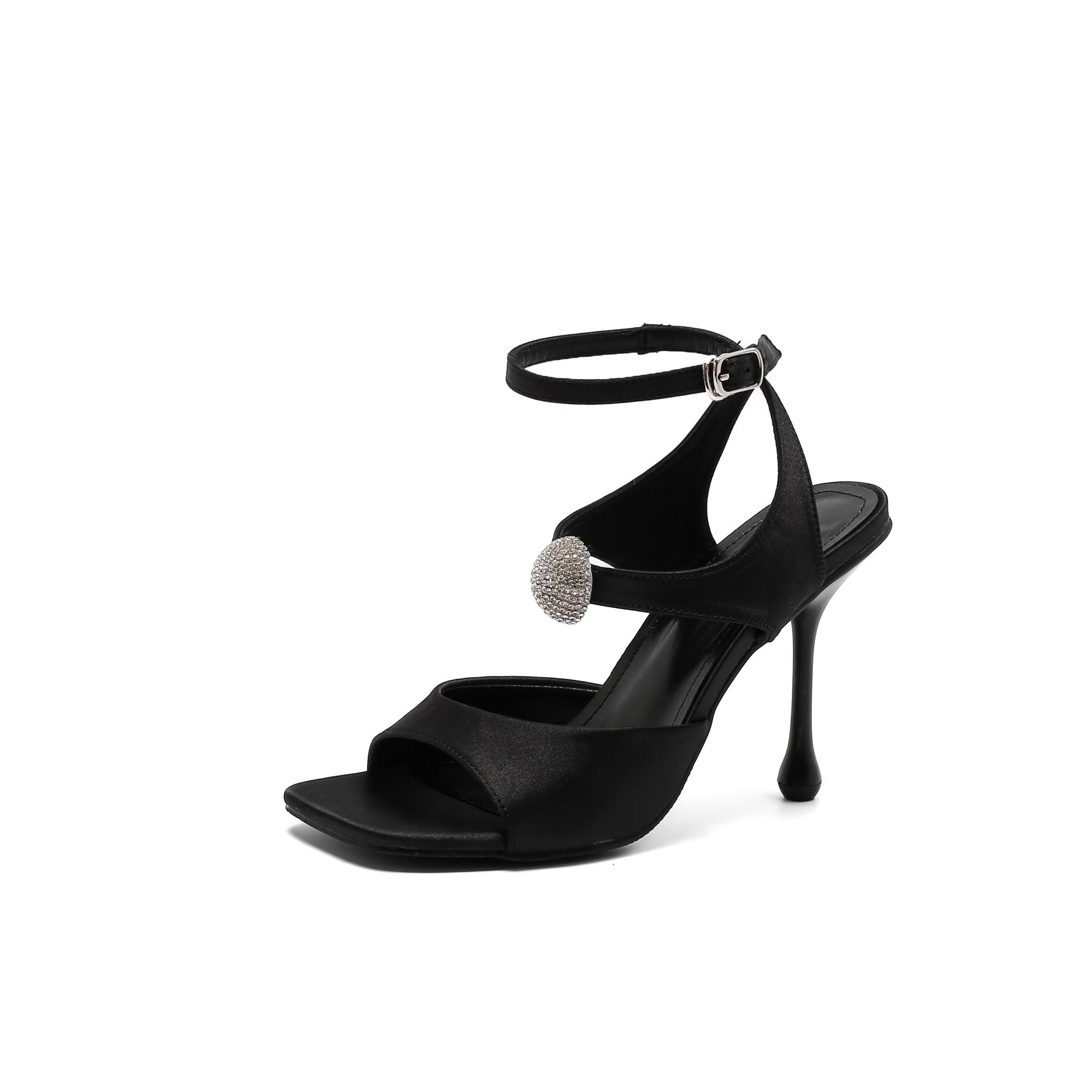 

Spring Fashion Ladies High Heels Sexy Square Toe Satin Rhinestone Buckle Stiletto High Heel Sandals Women Party Dress Shoes 35