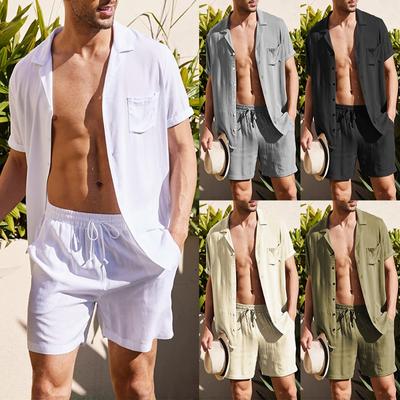 Erkek 2 Parça Keten Set Kısa Kollu Turn Down Yaka Gömlek Cep ve Şort Yaz Plaj Pantolon Saf Erkek Takım Elbise Slim Fit