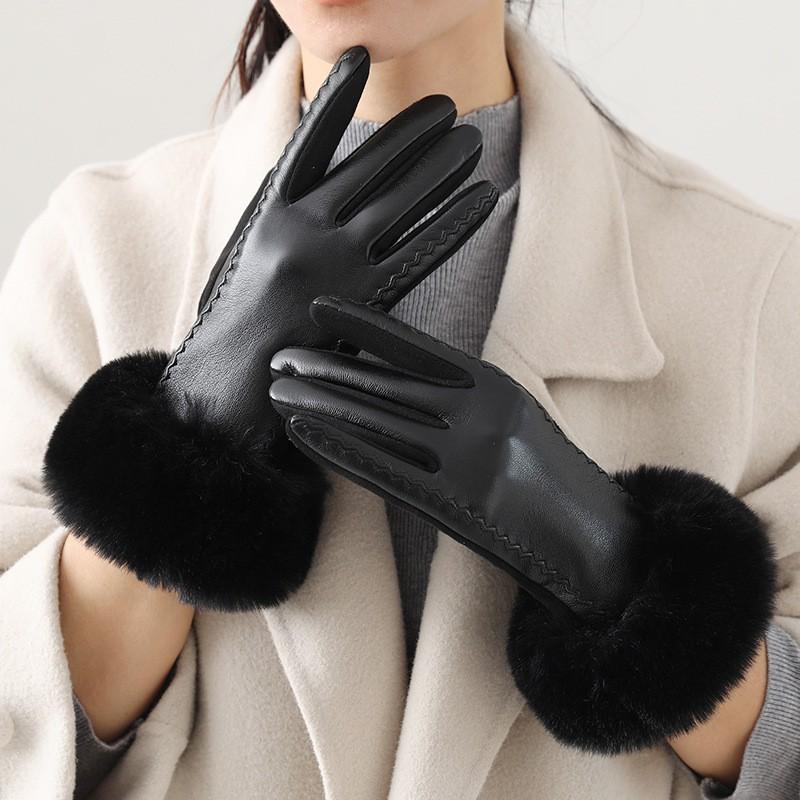 Womens PU Leather Warm Winter Gloves With Fleece Lining Touchscreen Compatible Windproof Riding