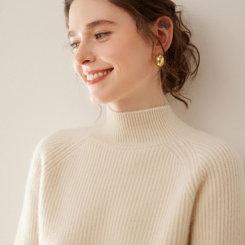 Women's Cashmere Raglan Sleeve Half-High Neck Sweater - Thickened Garter Stitch Knitwear, Versatile and Casual