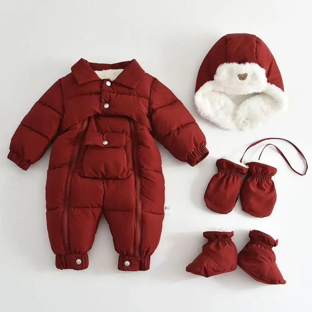 0-18M Baby Rompers 4PCS Set Winter Warm Fleece Lining Jumpsuits+Detachable Hat+Gloves+Foot Cover Children Snowsuits Boys Girls