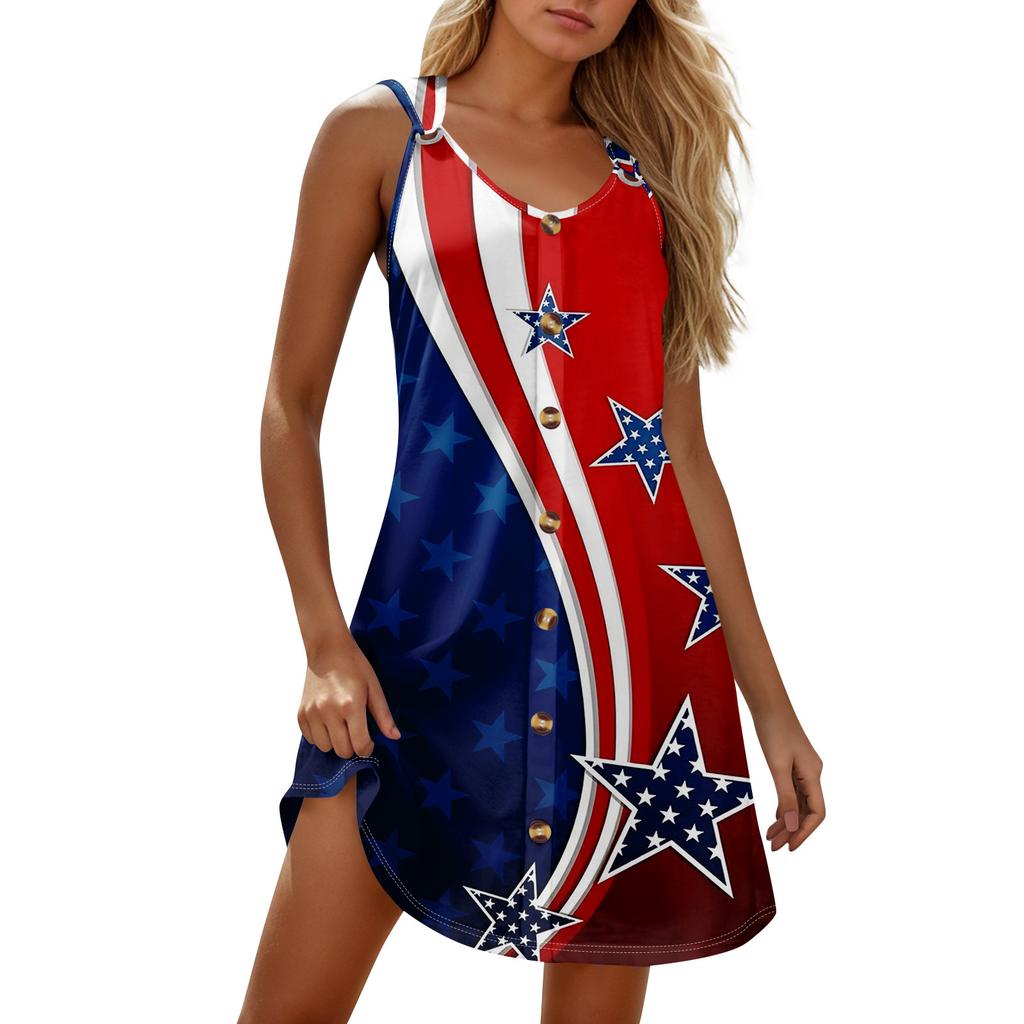 Summer Dresses For Women Beach Boho Sleeveless Independence Printing Tshirt Tank Sundresses