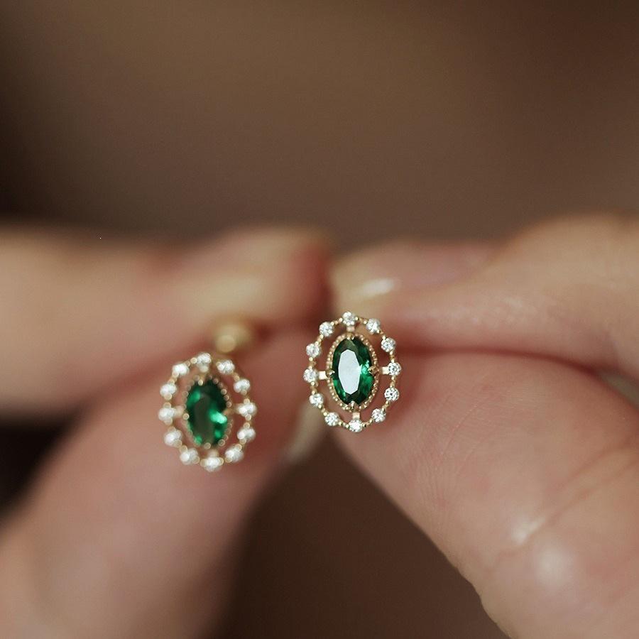 Vintage Court Style 14K Gold Plated Sterling Silver Emerald Zirconium Oval Screw Back Stud Earrings Gold Pair