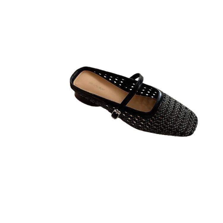 Retro Woven Hollow Square Head Word with Thick Heel Sandals Muller Half Slippers Women's Summer Outer Wear Bag Head Empty Single Shoes