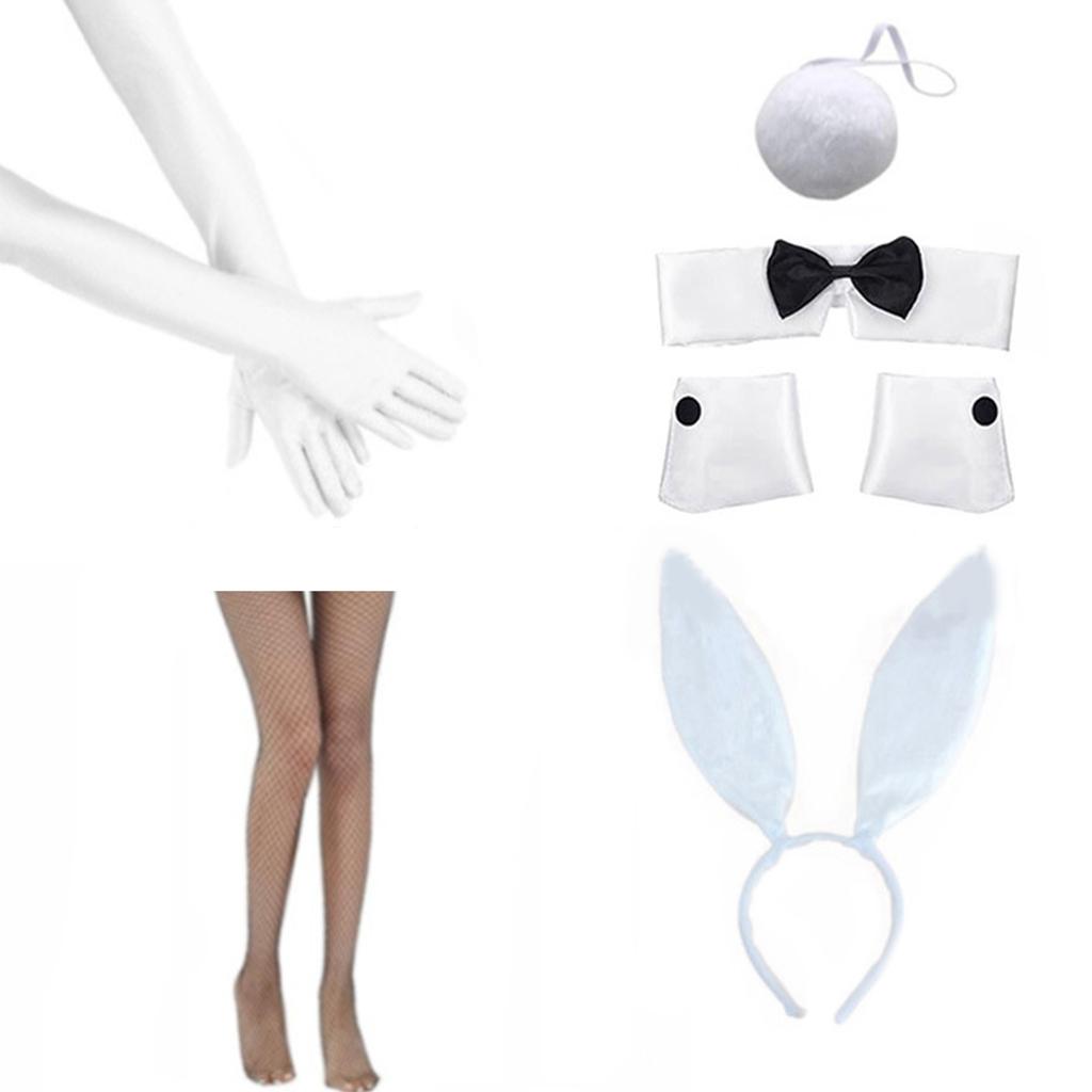Adult Rabbit Ear Headband+Wrist Cuffs with Long Glove&Fish Net Stocking Set Easter Necktie for Woman Festival Gift