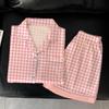 Summer Ice Silk Pajamas Women'S Short-Sleeved Shorts Lapel Sexy Pink Thousand Bird Grid Loungewear Suit Girl