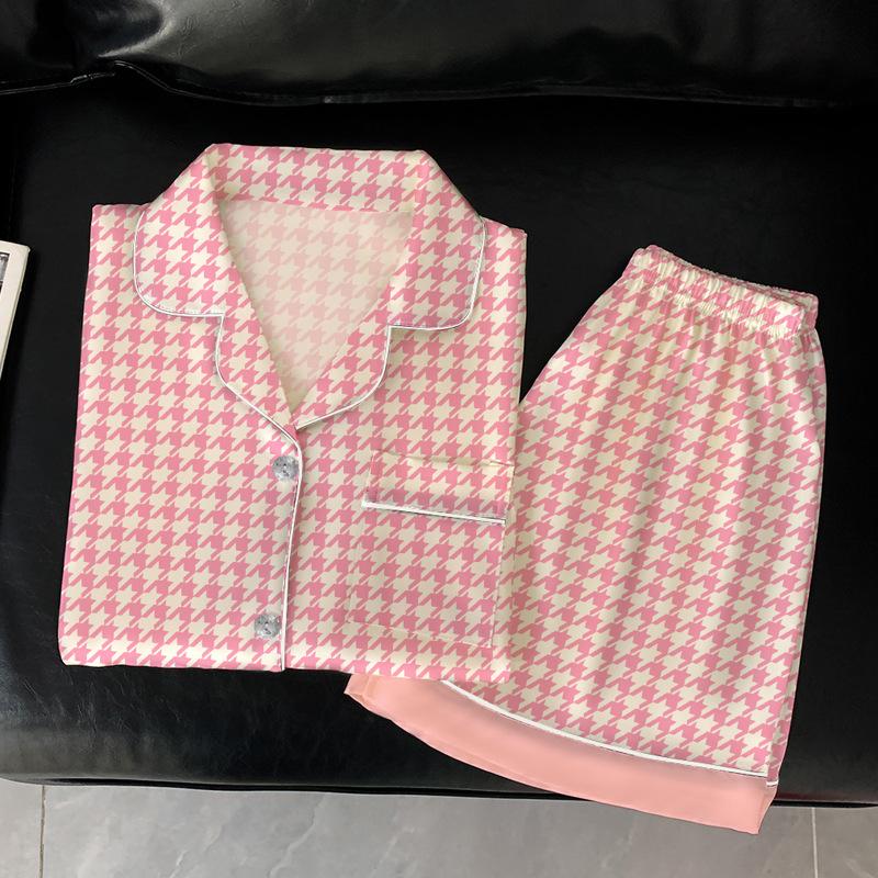 Summer Ice Silk Pajamas Women'S Short-Sleeved Shorts Lapel Sexy Pink Thousand Bird Grid Loungewear Suit Girl