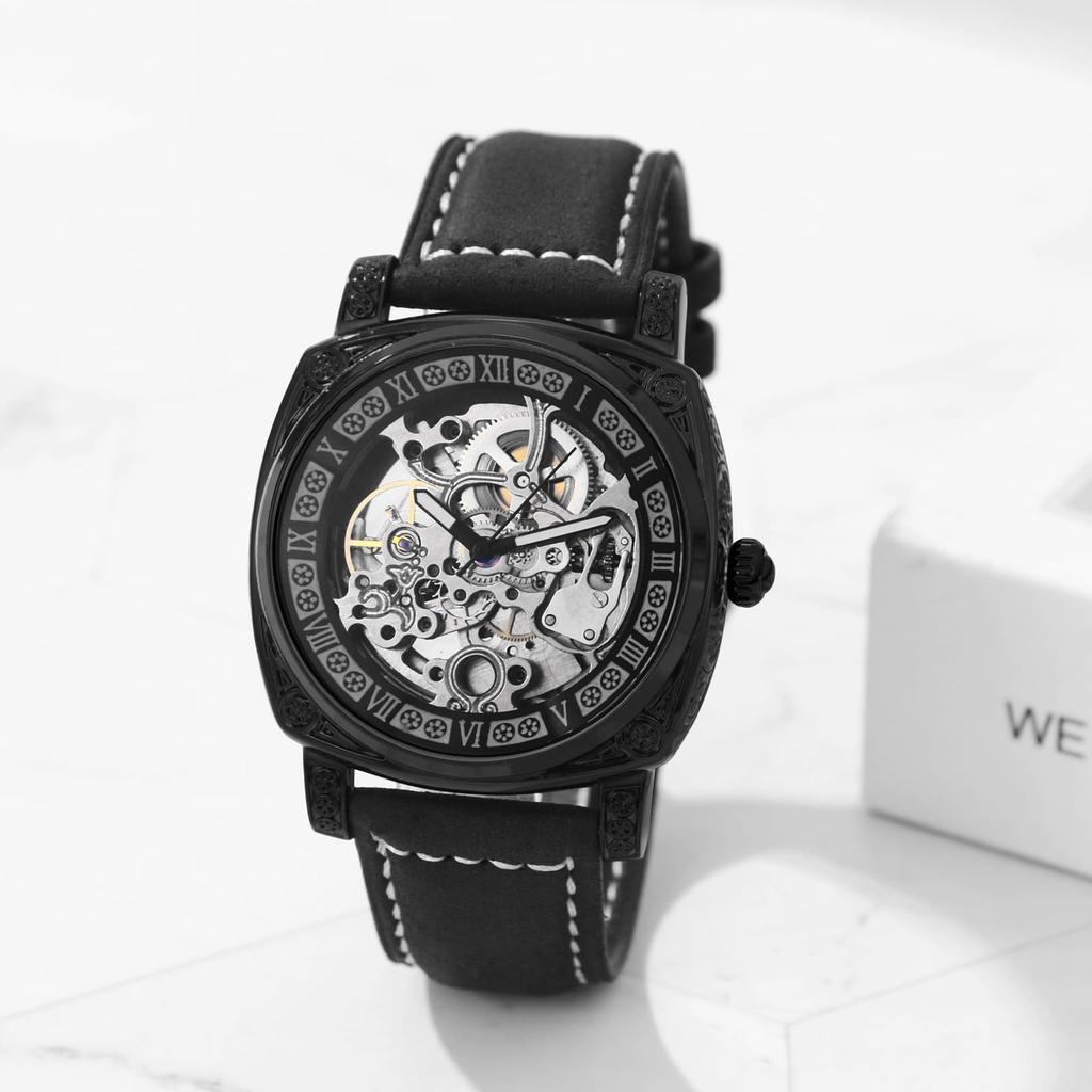 Automatic Skeleton Watch with Genuine Leather Roman Analog 3ATM Water Stylish Accessory for Leisure and Business Perfect Gift for and Day Men's Strap