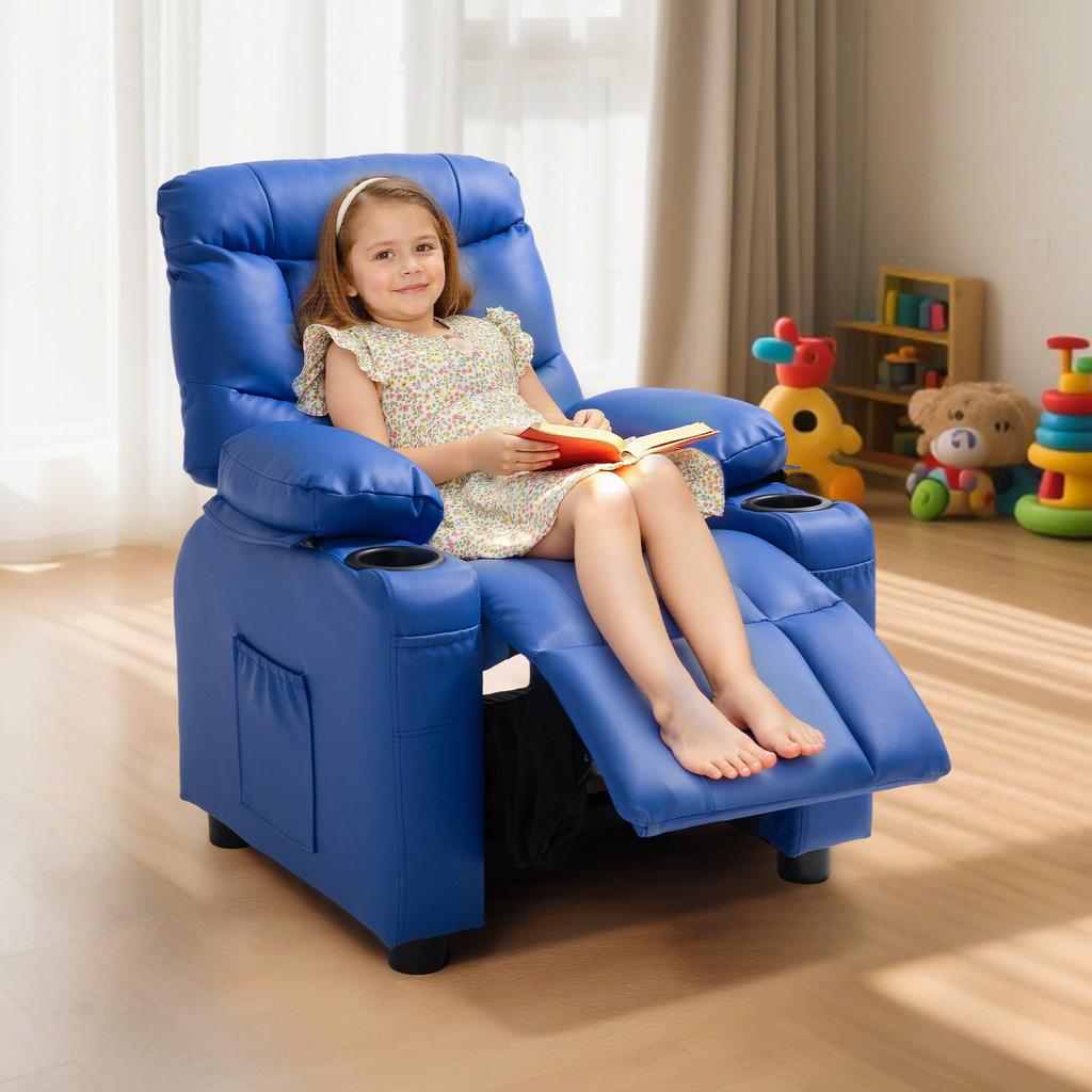 VEVOR Kids Reclining Chair, Toddler Recliner with 2 Cup Holders and 4 Pockets, 107 Degrees To 126 Degrees Adjustable Back