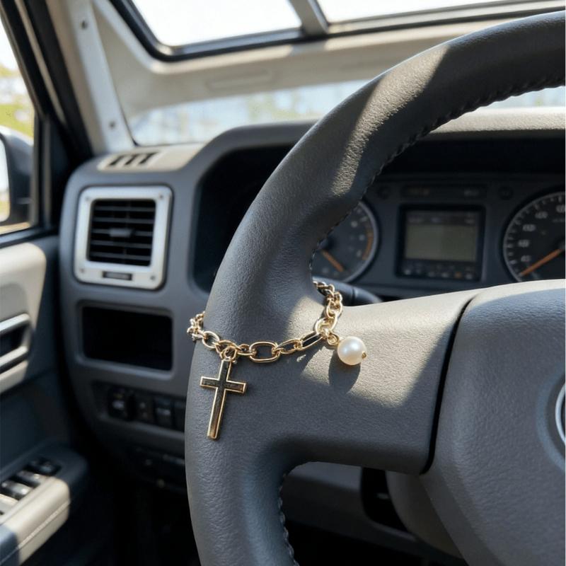 Vintage Gold Chain Steering Wheel Decor - Pearl And Coin Pendant Fashionable Car Interior Accessories