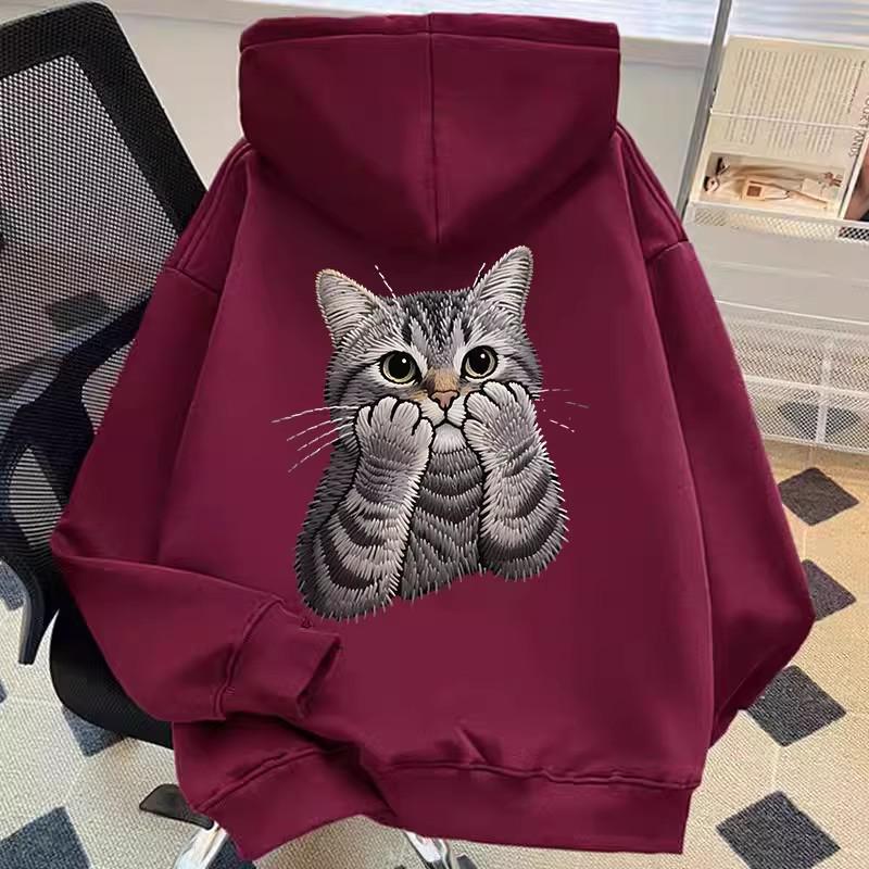 Unisex Retro Oversized Kapuzenpullover mit Katzenstickerei - Trendige Herbst-/Winterkleidung