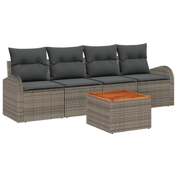 VidaXL Ensemble de Canapé de Jardin de 5 Pièces avec Coussins Gris Poly Rattan Acacia 3347510