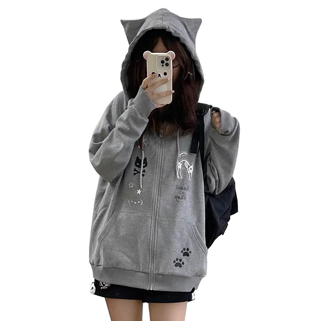 Hoodie with Cat Ear Long Sleeve Loose Harajuku Schoolgirl Mori Korean Plus Sizes Subculture Winter Women's Zip-Up Print, Pullover, Fit, Style, Style,