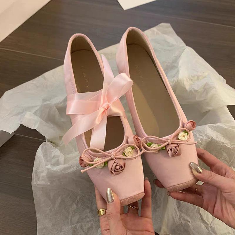 Square head flat sole shoes women's pink Mary Jane shoes small fragrant spring and summer casual French new ballet shoes shallow mouth