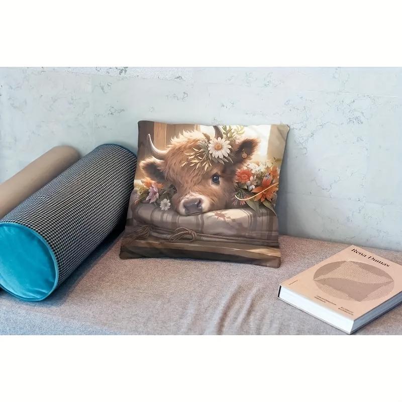 Highland Cow Throw Pillow Cover 1pc, Daisy Cow Pillowcase with Summer Floral Decor, Spring Flower Highland Cow Decorative Cushion