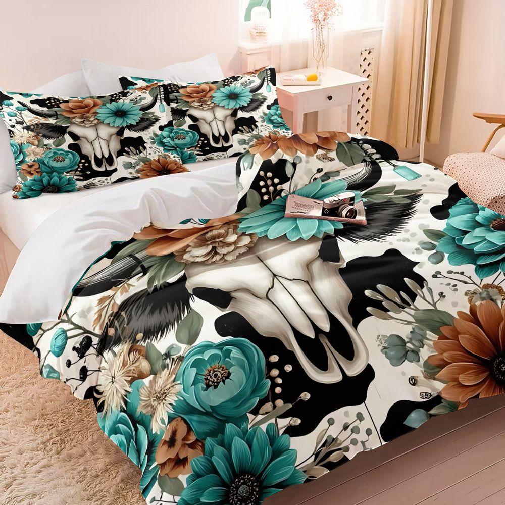 Western Boho Cow Skull Floral Duvet Cover Set (1 Duvet Cover & 1/2 Pillowcase) Soft Bedding Set for Rustic Bedroom Decor