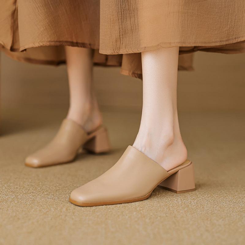 Summer Comfortable Bag Head Slippers Casual Solid Color New High-heeled Slippers Women's Beef Tendon Soft Bottom Soft Leather Cool Slippers