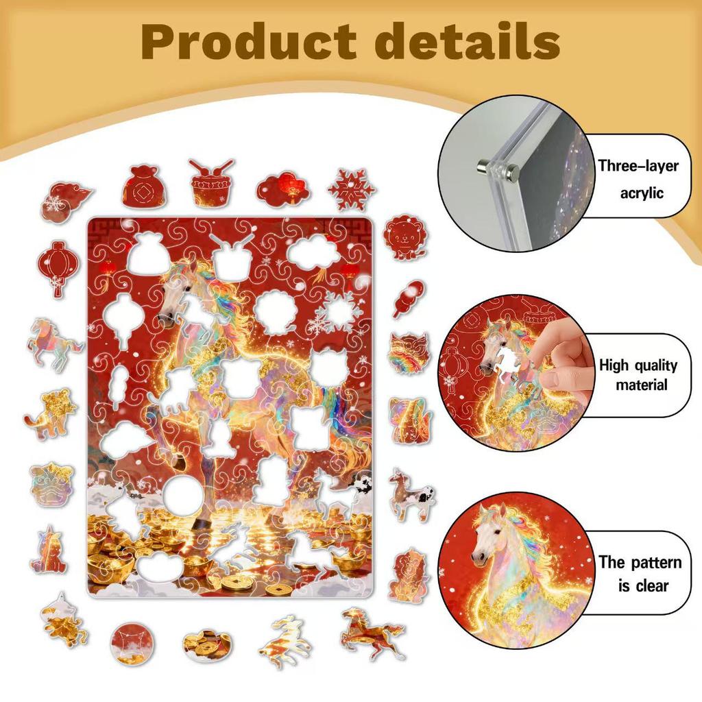 2026 Year of the Horse Irregular Puzzle Painting: Colorful Golden Horse Acrylic Desktop Ornament