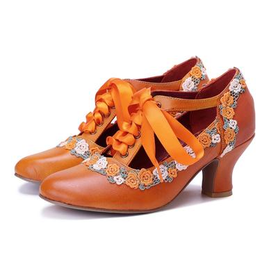 Spring and Summer Ladies Handmade Leather Polished Retro Lace Mary Jane Lace-up High Heels