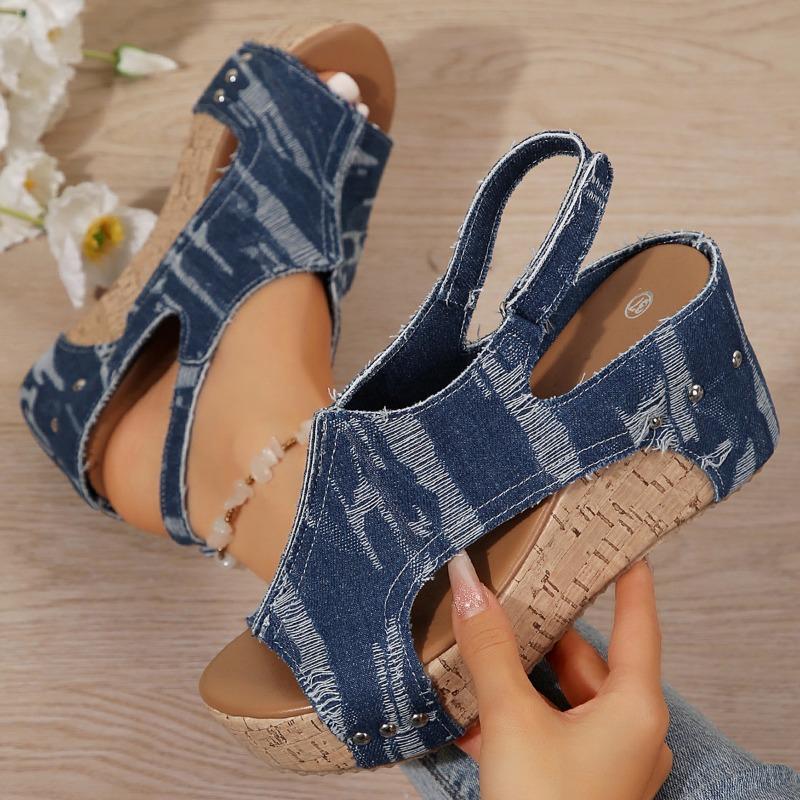 2024 New High Quality Denim Sandals Fish Mouth Open Toe Bag Instep Ankle Strap Wedge Sandals Summer Large Size Wedge Shoes