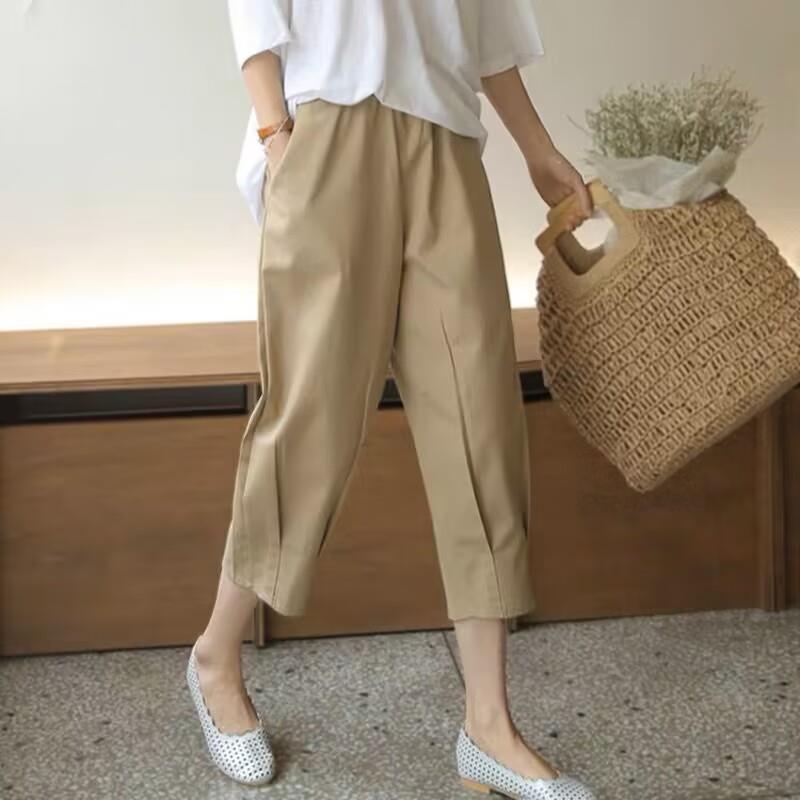 

Elastic Waist Loose Slimming Harem Pants - Plus Size Casual Cropped Cotton Linen Pants for Women, 2023 Spring/Summer Versatile Artistic Design 2XL хаки