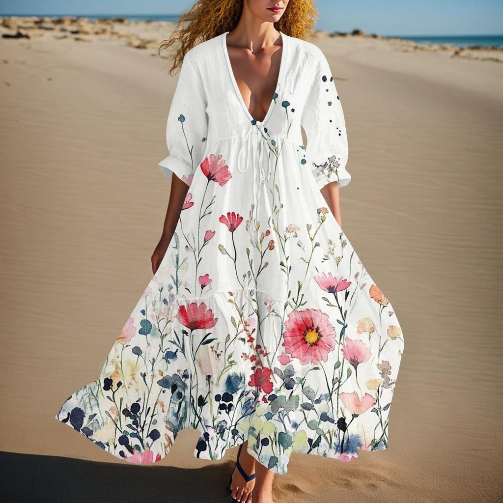 Women's Summer Fashion V-neck Retro Floral Print Short Sleeved Beach Dress With Lace Patchwork Dress